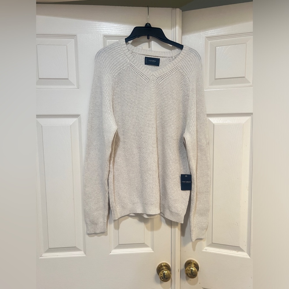 Lucky Brand‎ Cream Cotton Knit Cloud Soft V-Neck Sweater Men’s Large Winter Fall